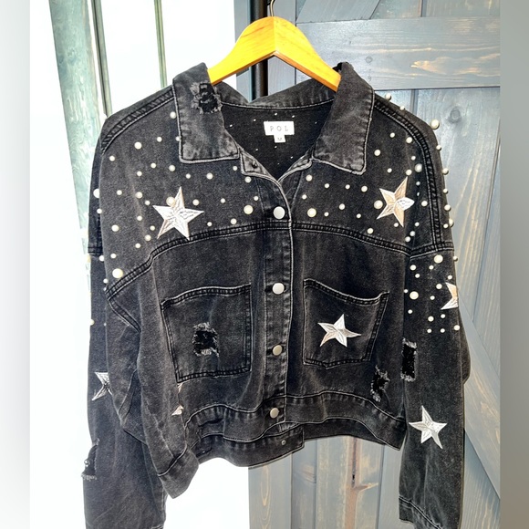 Jackets & Blazers - Black denim star jacket with pearls